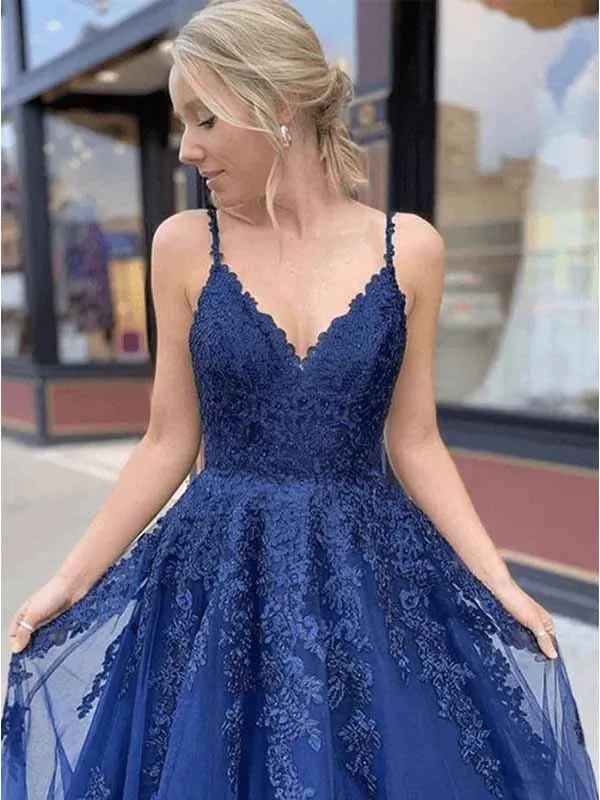 A-line Navy Blue Tulle Lace Long Prom Dress Evening Dress, OL587