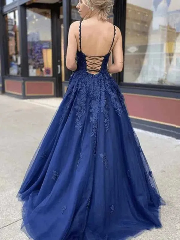 A-line Navy Blue Tulle Lace Long Prom Dress Evening Dress, OL587