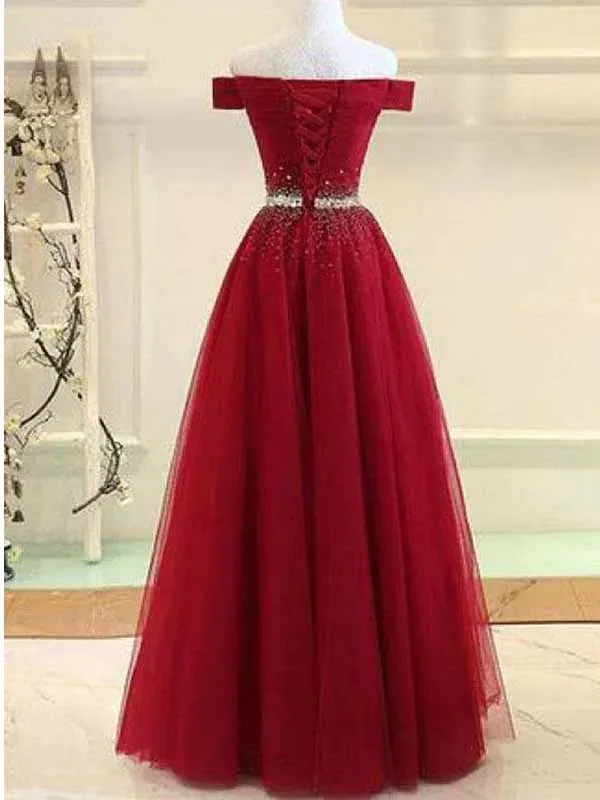 A-line Off the Shoulder Red Tulle Prom Dress Evening Dress with Beading, OL588