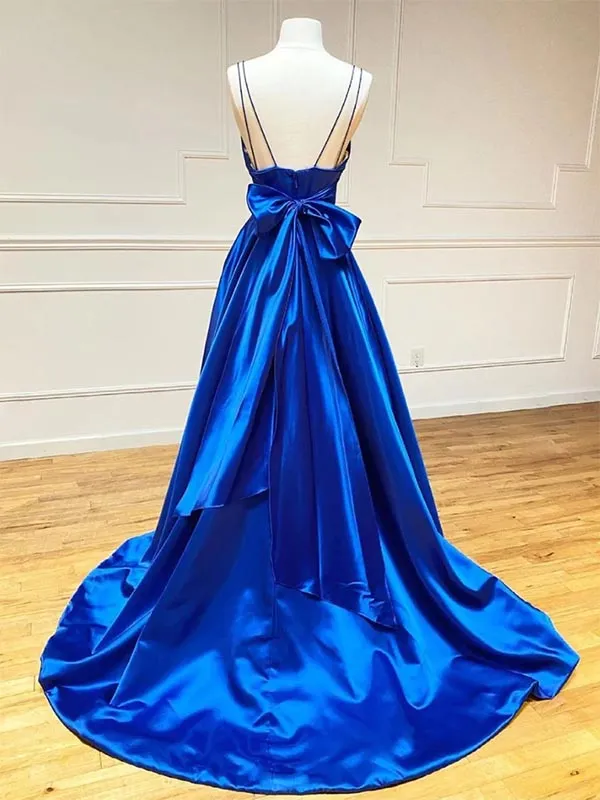 A-line V-neck Royal Blue Prom Dress Evening Dress with Bowknot, OL620