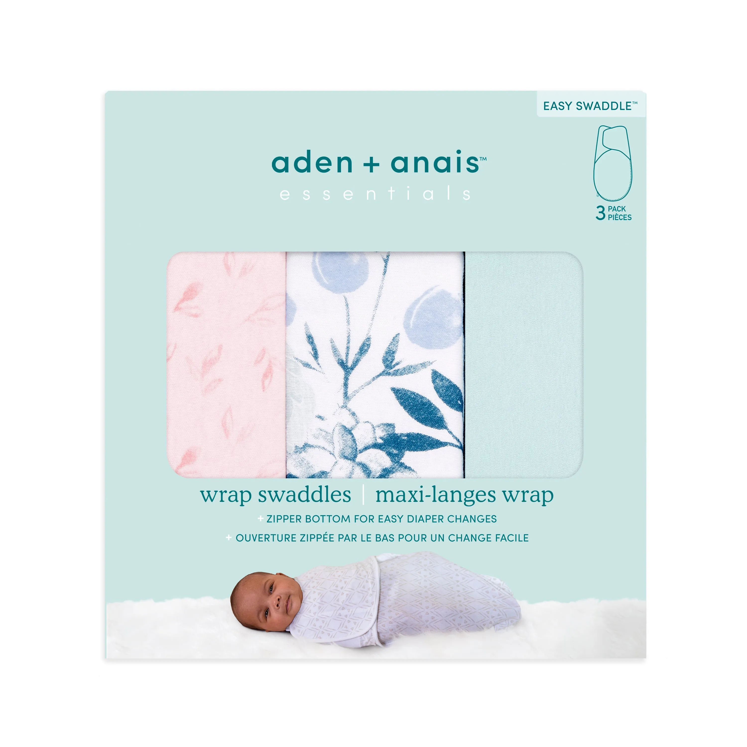 aden   anais Essential Cotton Easy Swaddle Wrap 3 pack Flowers Bloom Pink