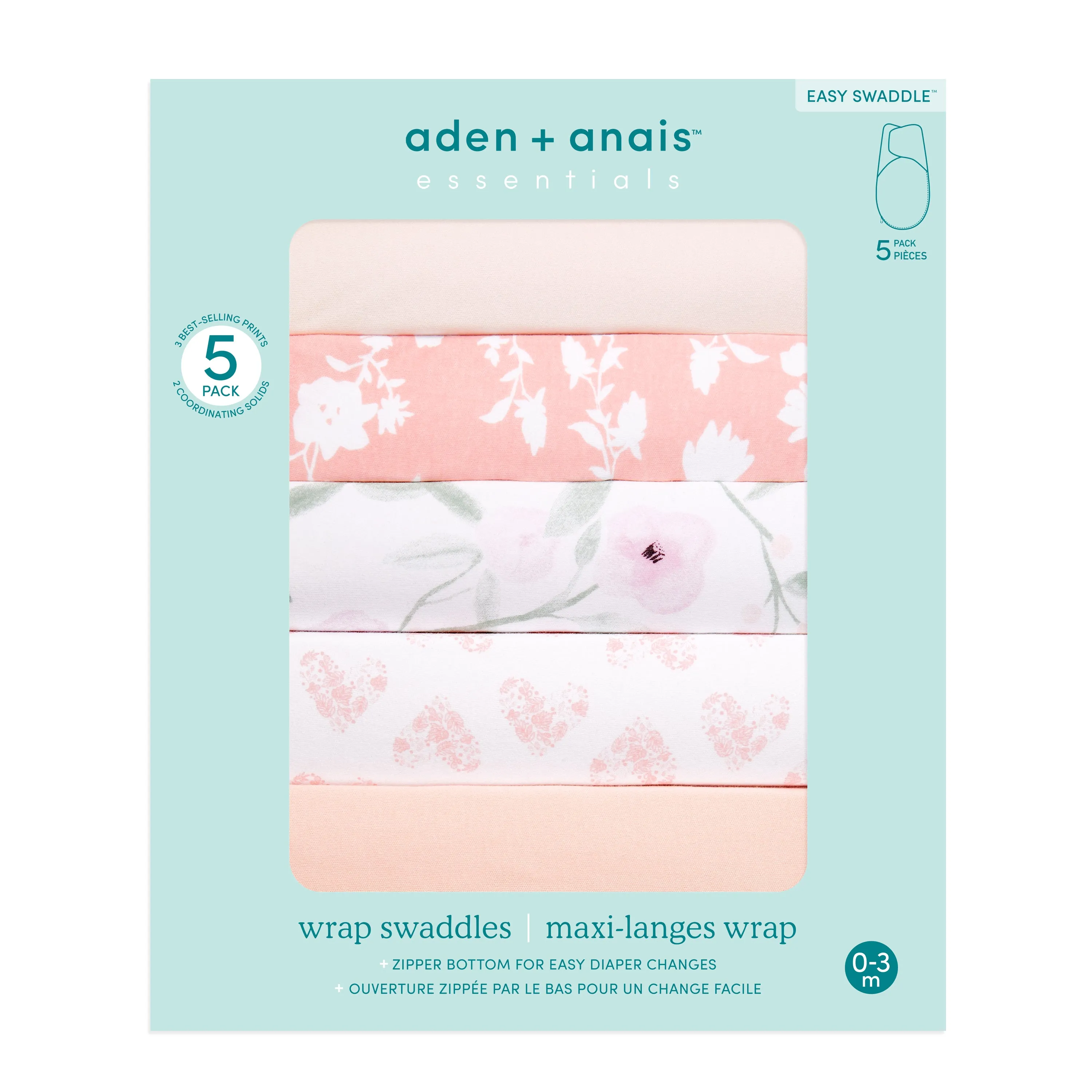 aden   anais Essential Cotton Easy Swaddle Wrap 5 pack Feminine Florals Pink