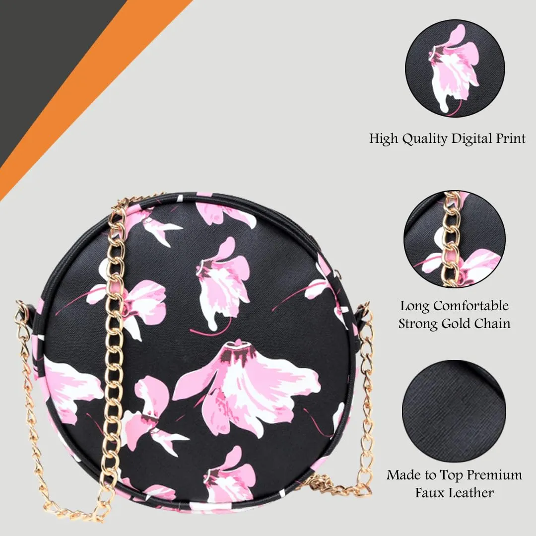 ADISA Women Girls Floral Print Round Sling Bag (BL-Pink)