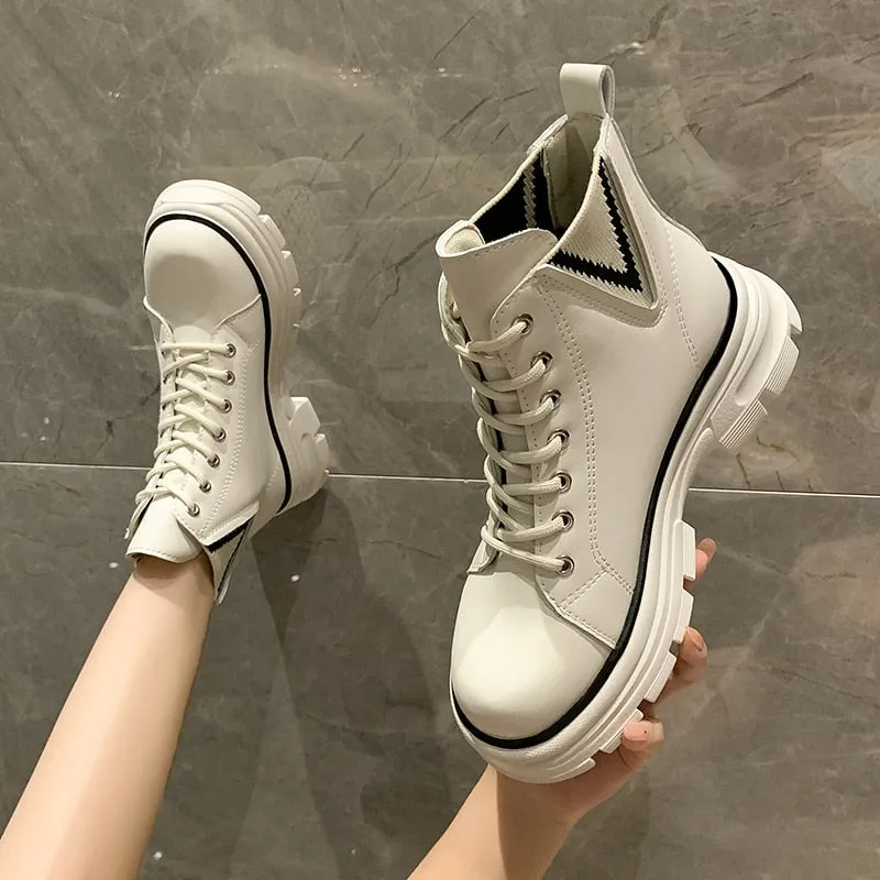 Amozae- Autumn Boots New Style Women Casual Shoes Platform Sneakers PU Leather Shoes Woman High Top White Shoes Tenis Feminino