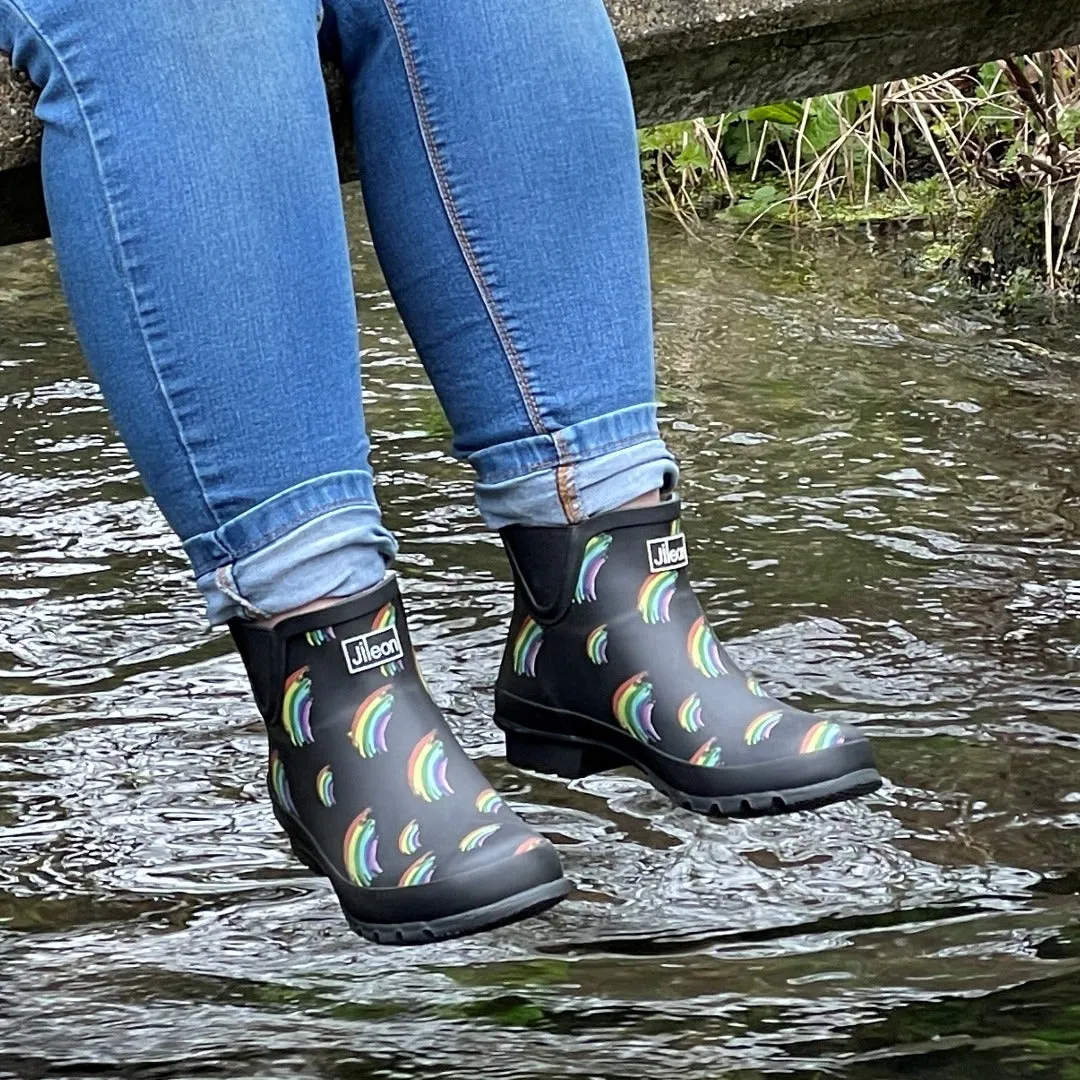 Ankle Height Rain Boots - Black Matt with Rainbows - Wide Foot - Easy to Slip On