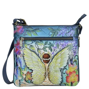 Anuschka Women’s Hand Painted Genuine Leather Expandable Travel Crossbody - Enchanted Garden