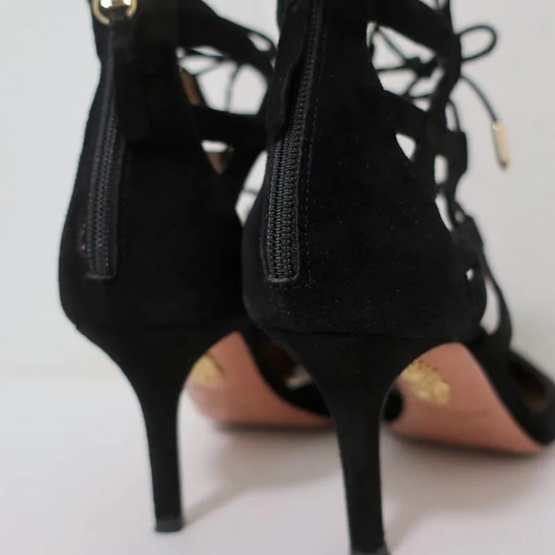 Aquazzura Belgravia Lace-Up Pumps Black Suede Size 36 Pointed Toe Heel