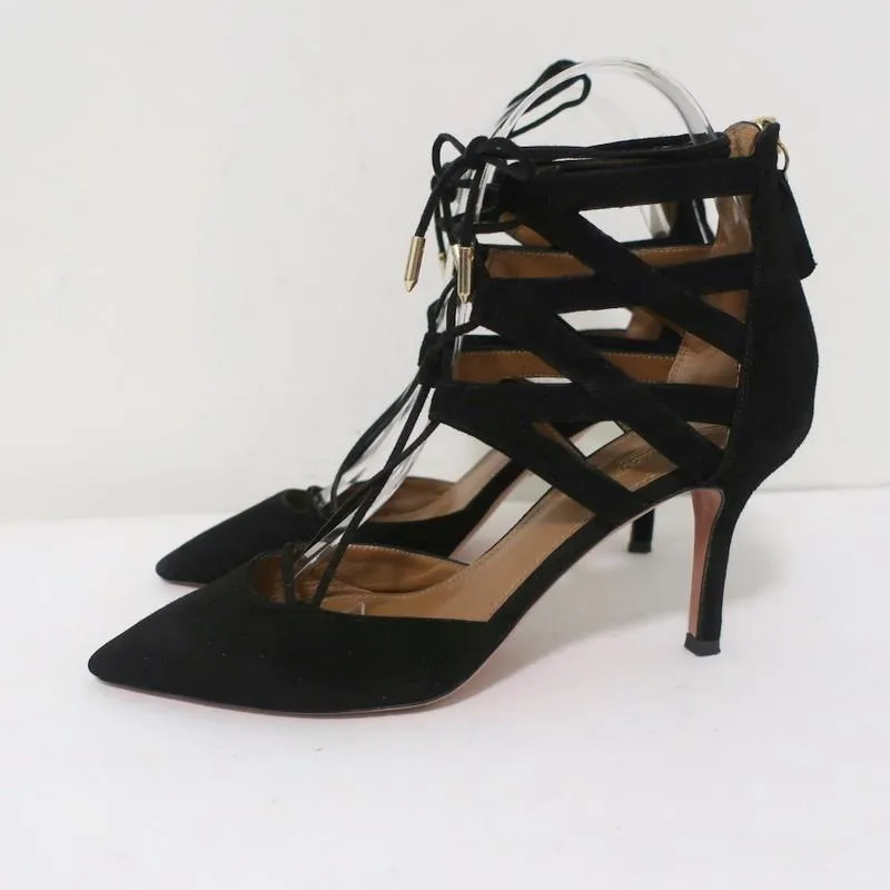 Aquazzura Belgravia Lace-Up Pumps Black Suede Size 36 Pointed Toe Heel