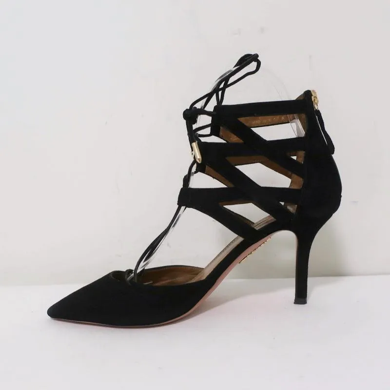 Aquazzura Belgravia Lace-Up Pumps Black Suede Size 36 Pointed Toe Heel