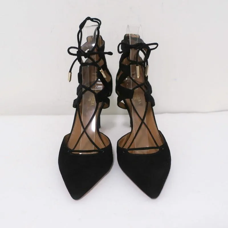 Aquazzura Belgravia Lace-Up Pumps Black Suede Size 36 Pointed Toe Heel