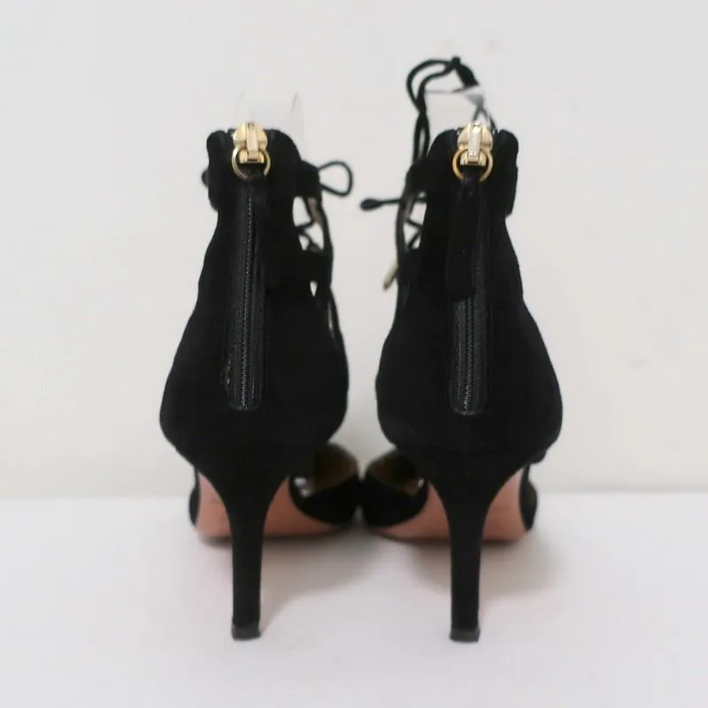 Aquazzura Belgravia Lace-Up Pumps Black Suede Size 36 Pointed Toe Heel