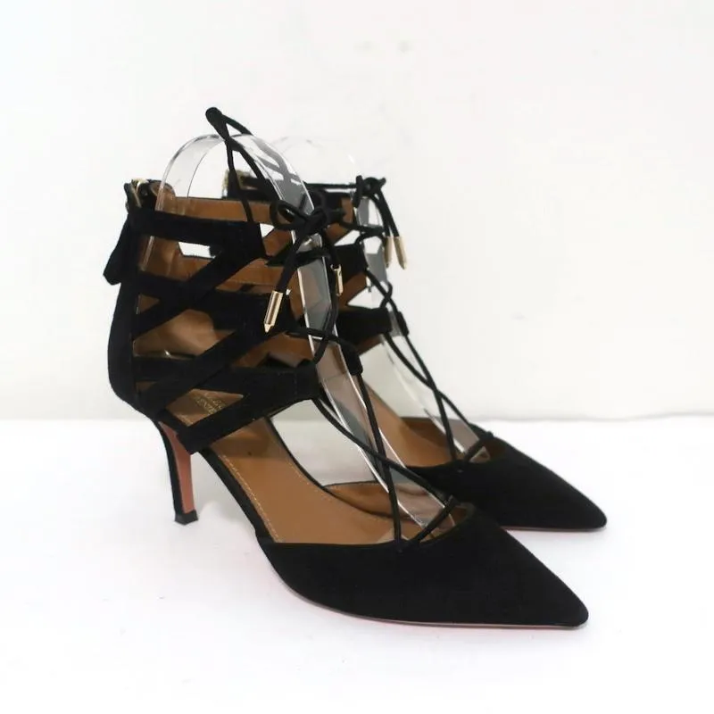 Aquazzura Belgravia Lace-Up Pumps Black Suede Size 36 Pointed Toe Heel