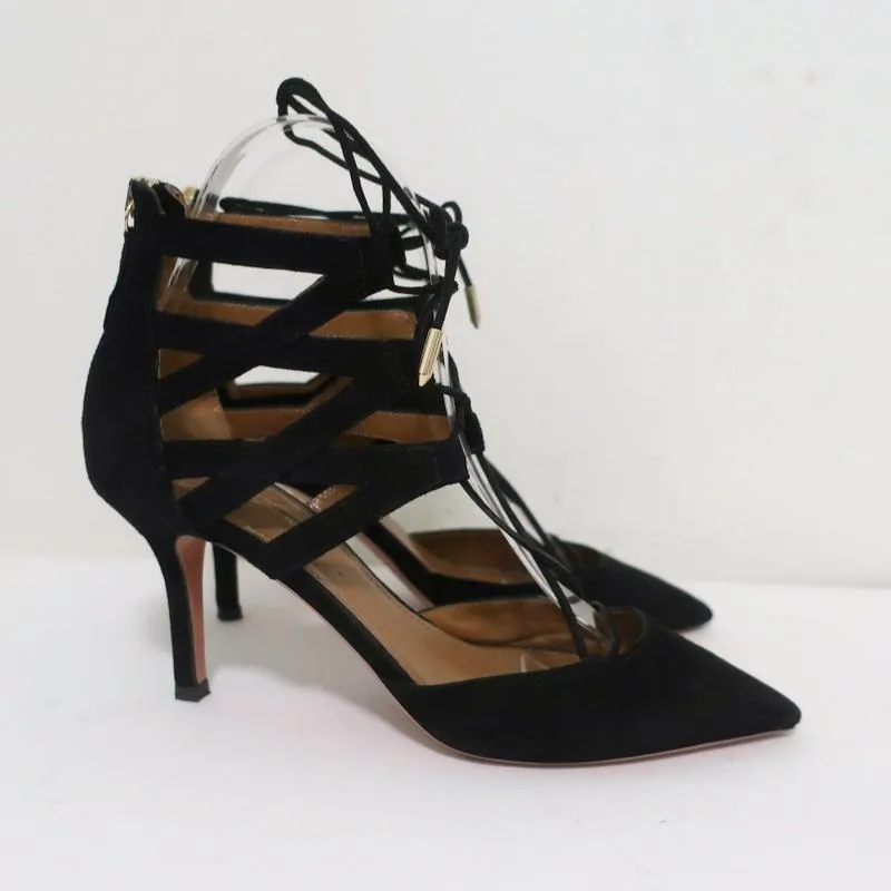 Aquazzura Belgravia Lace-Up Pumps Black Suede Size 36 Pointed Toe Heel