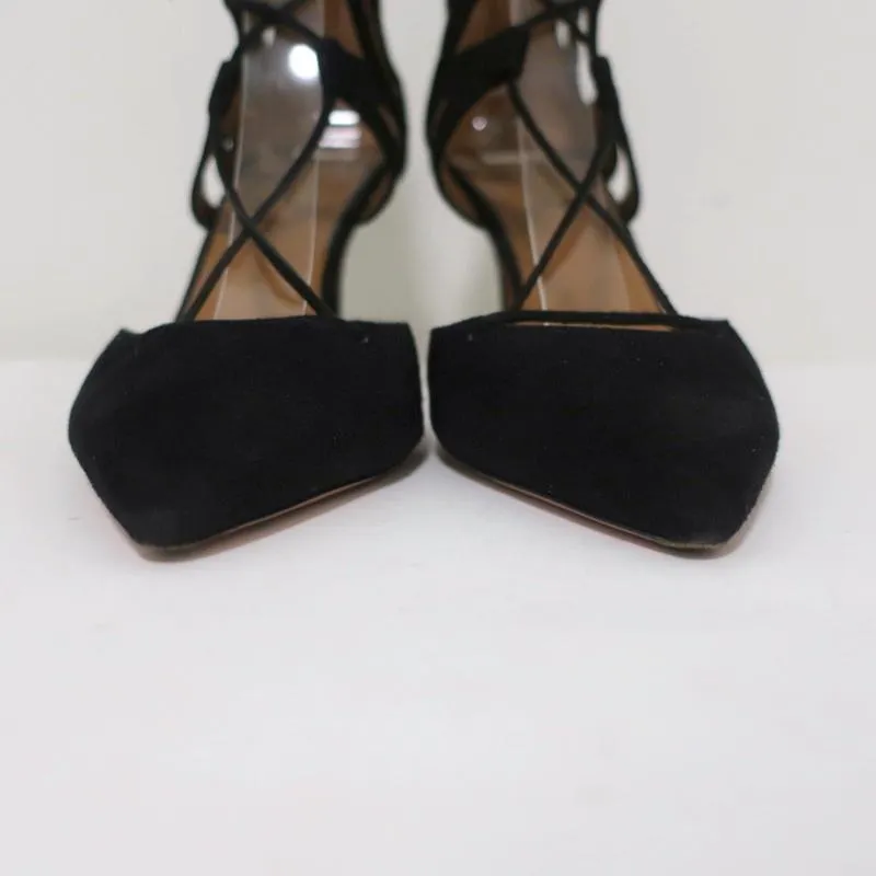 Aquazzura Belgravia Lace-Up Pumps Black Suede Size 36 Pointed Toe Heel