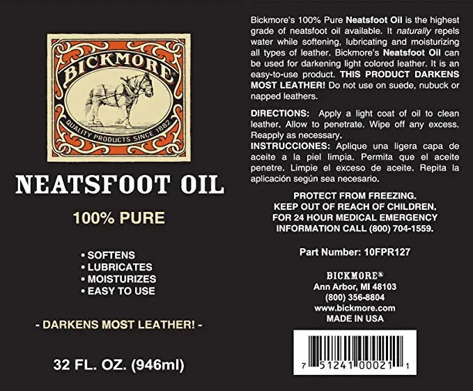 BICKMORE 100% PURE NEATSFOOT OIL 32OZ- LEATHER CONDITIONER AND WOOD FINISH