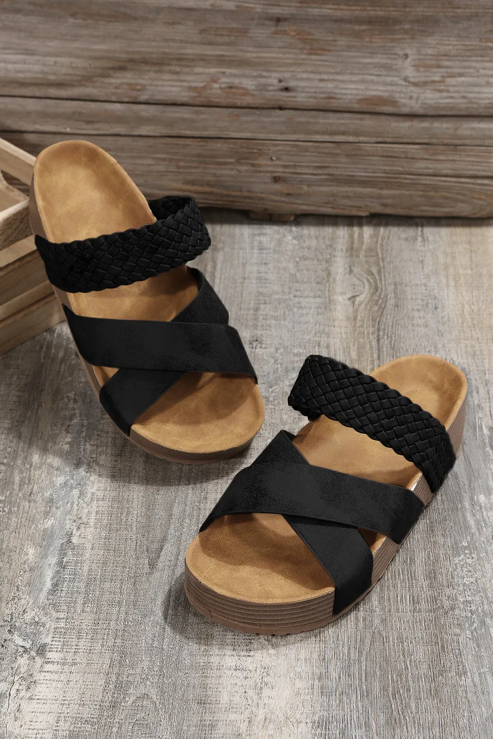 Black Braided Detail Criss Cross Platform Slides Shoes