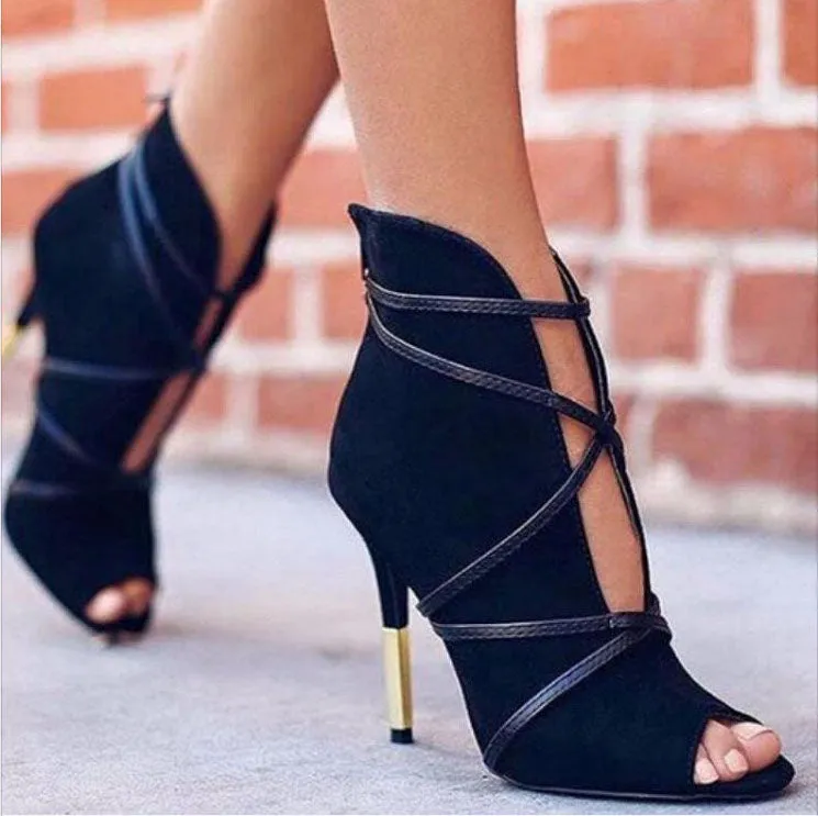 Black Cross Strap Peep Toe Metallic Heels