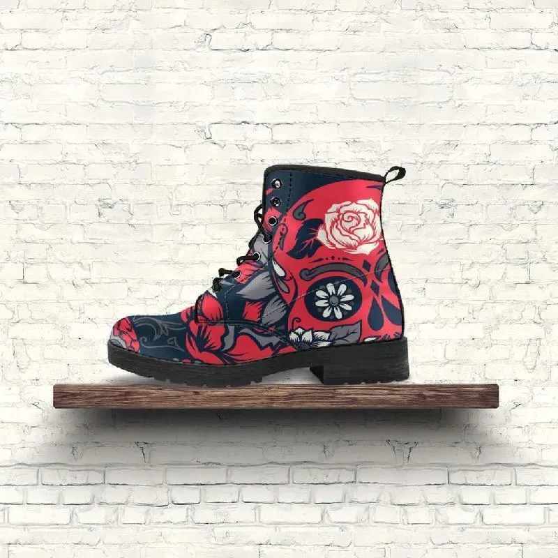 Black White Red Leather Skull Boots