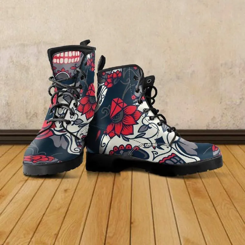 Black White Red Leather Skull Boots