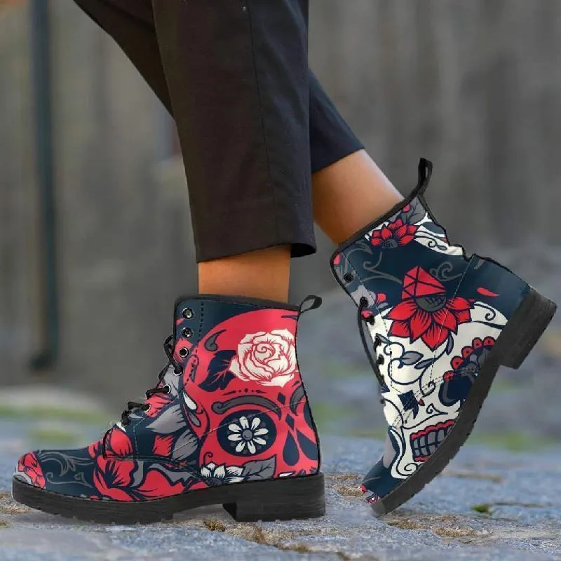 Black White Red Leather Skull Boots