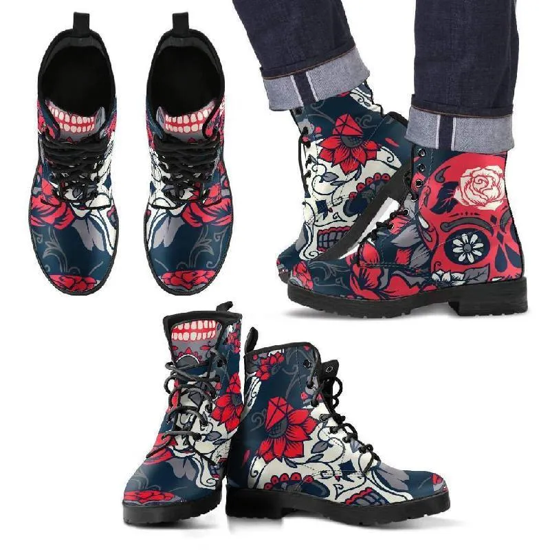 Black White Red Leather Skull Boots