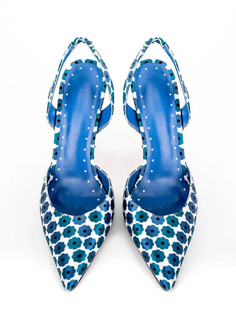 Blue 12cm Height Women's Floral Print Pointed Toe PU Leather Heels