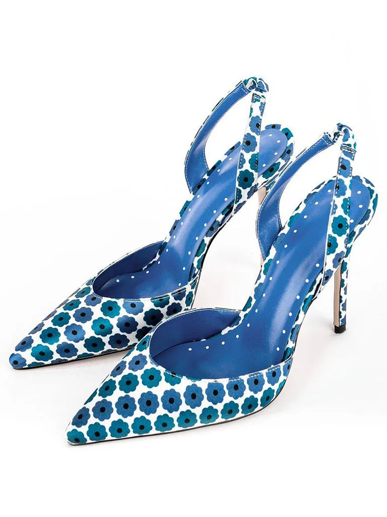 Blue 12cm Height Women's Floral Print Pointed Toe PU Leather Heels