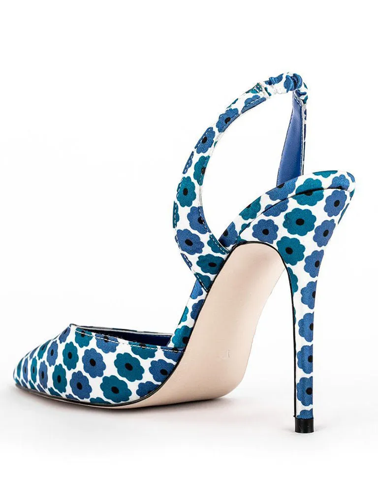 Blue 12cm Height Women's Floral Print Pointed Toe PU Leather Heels