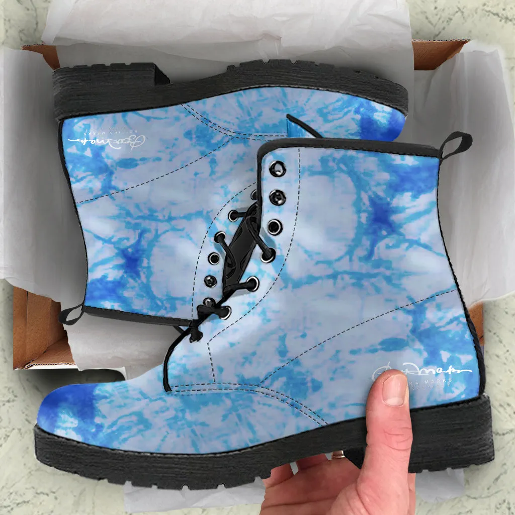 Blue Tie Dye Leather Boots (Vegan)