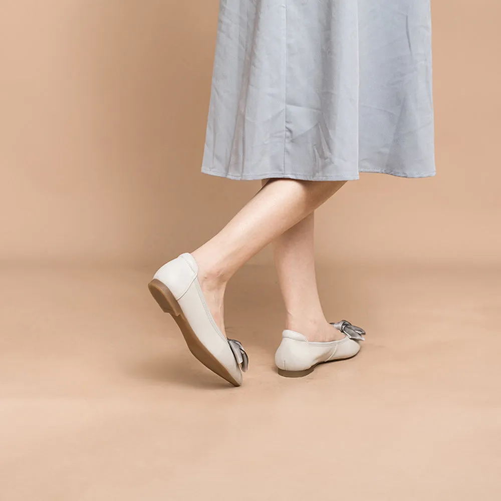 Bow-Detail Pointed-Toe Ballerina Shoes Apricot/Grey/Black/Yellow