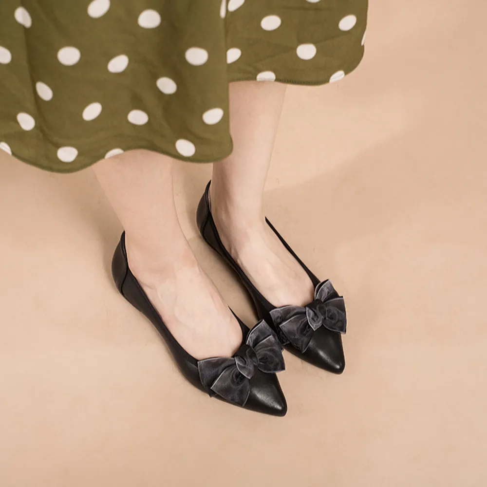 Bow-Detail Pointed-Toe Ballerina Shoes Apricot/Grey/Black/Yellow