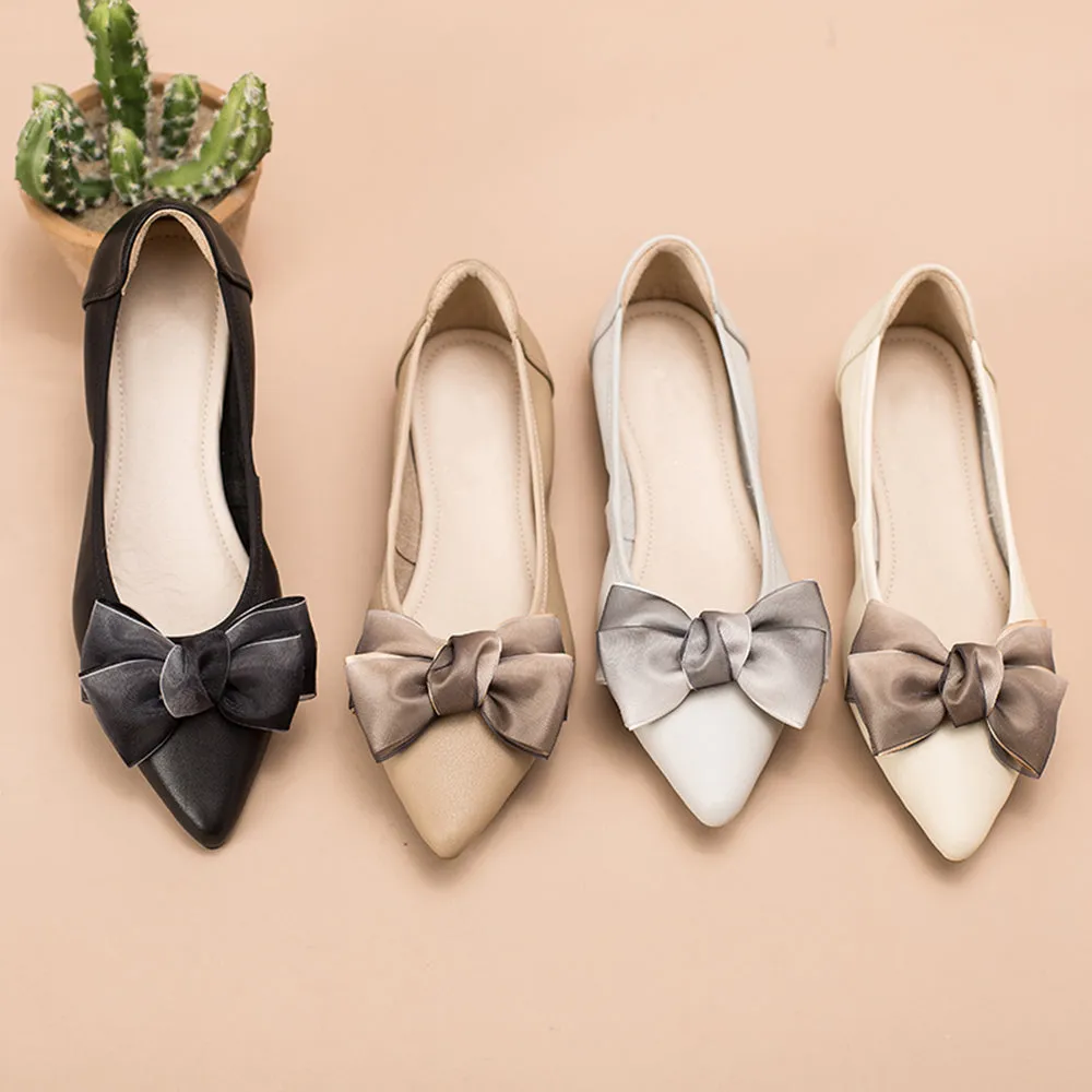 Bow-Detail Pointed-Toe Ballerina Shoes Apricot/Grey/Black/Yellow