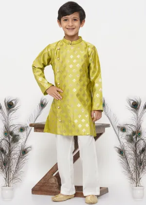 Boy's Banarsi Silk Sherwani With Pyjama - Apple Green And Cream - Little Bansi Boys