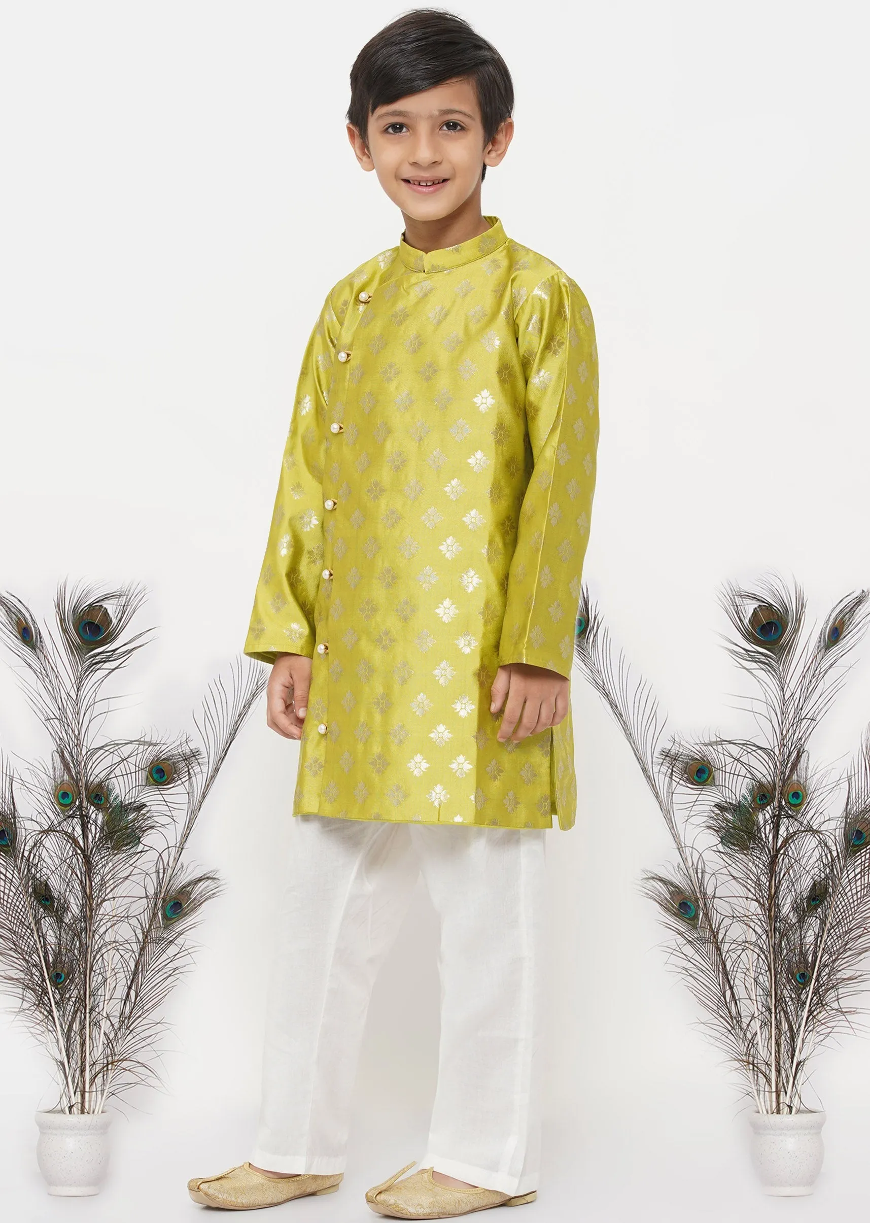 Boy's Banarsi Silk Sherwani With Pyjama - Apple Green And Cream - Little Bansi Boys