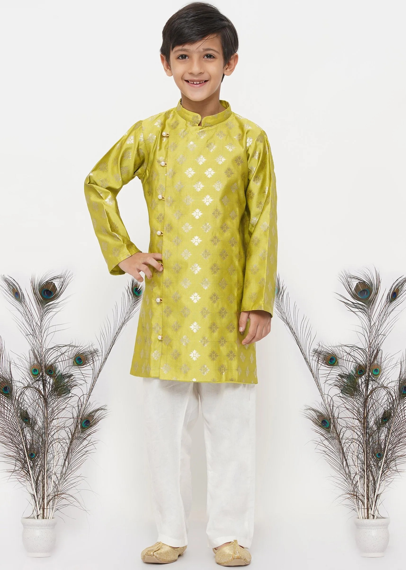 Boy's Banarsi Silk Sherwani With Pyjama - Apple Green And Cream - Little Bansi Boys