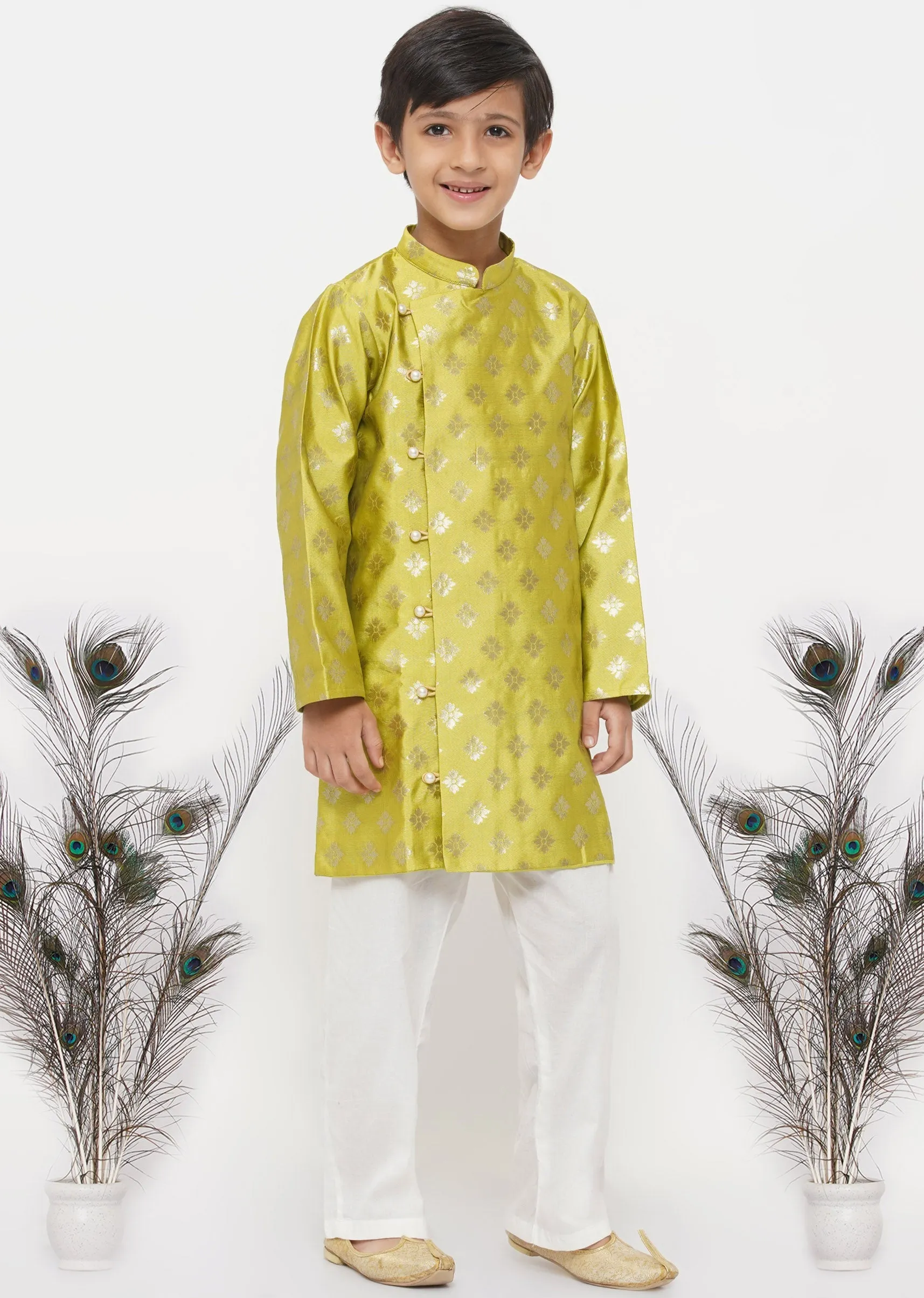 Boy's Banarsi Silk Sherwani With Pyjama - Apple Green And Cream - Little Bansi Boys