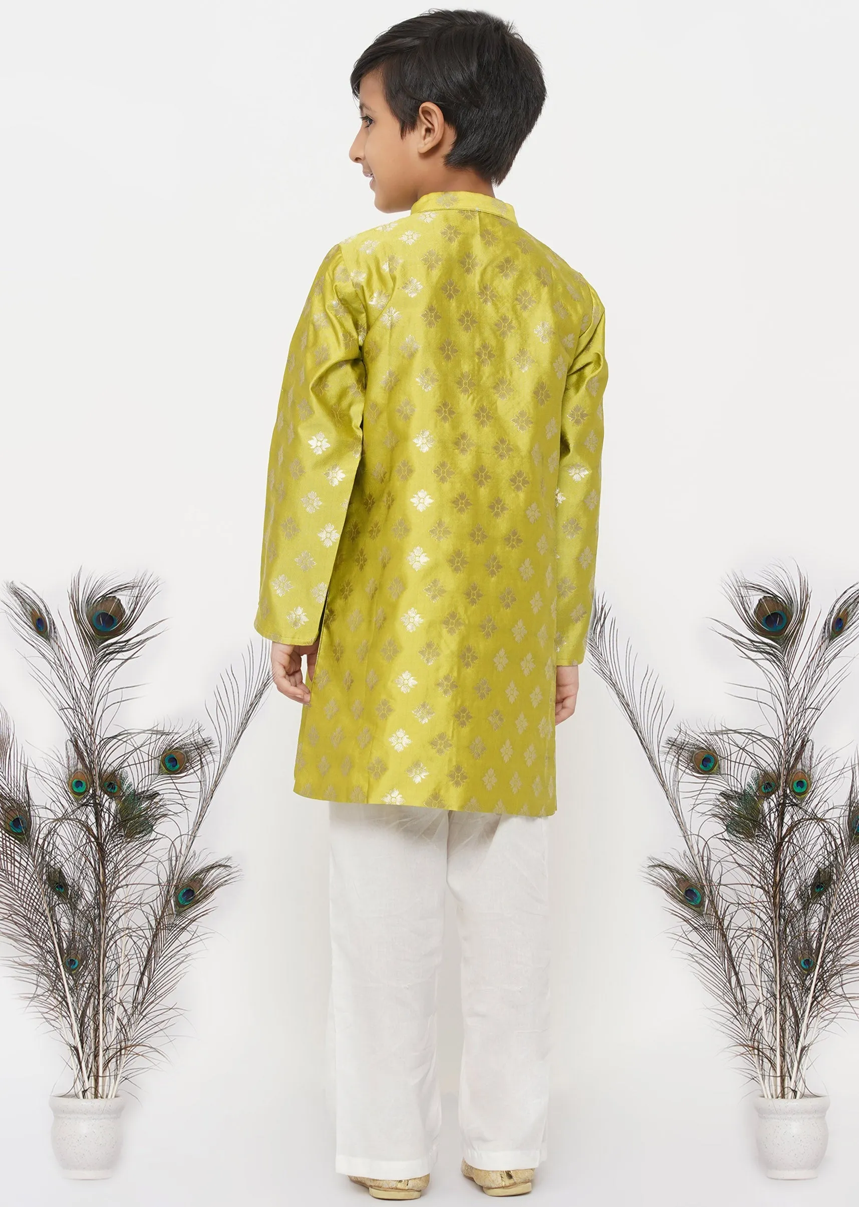 Boy's Banarsi Silk Sherwani With Pyjama - Apple Green And Cream - Little Bansi Boys