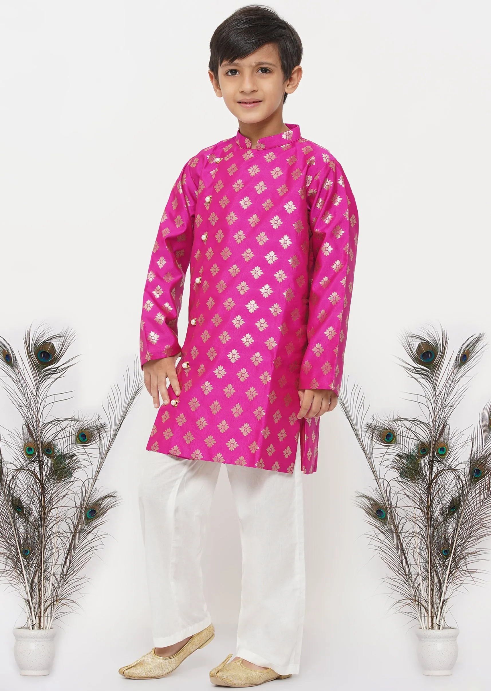 Boy's Banarsi Silk Sherwani With Pyjama - Magenta And Cream - Little Bansi Boys