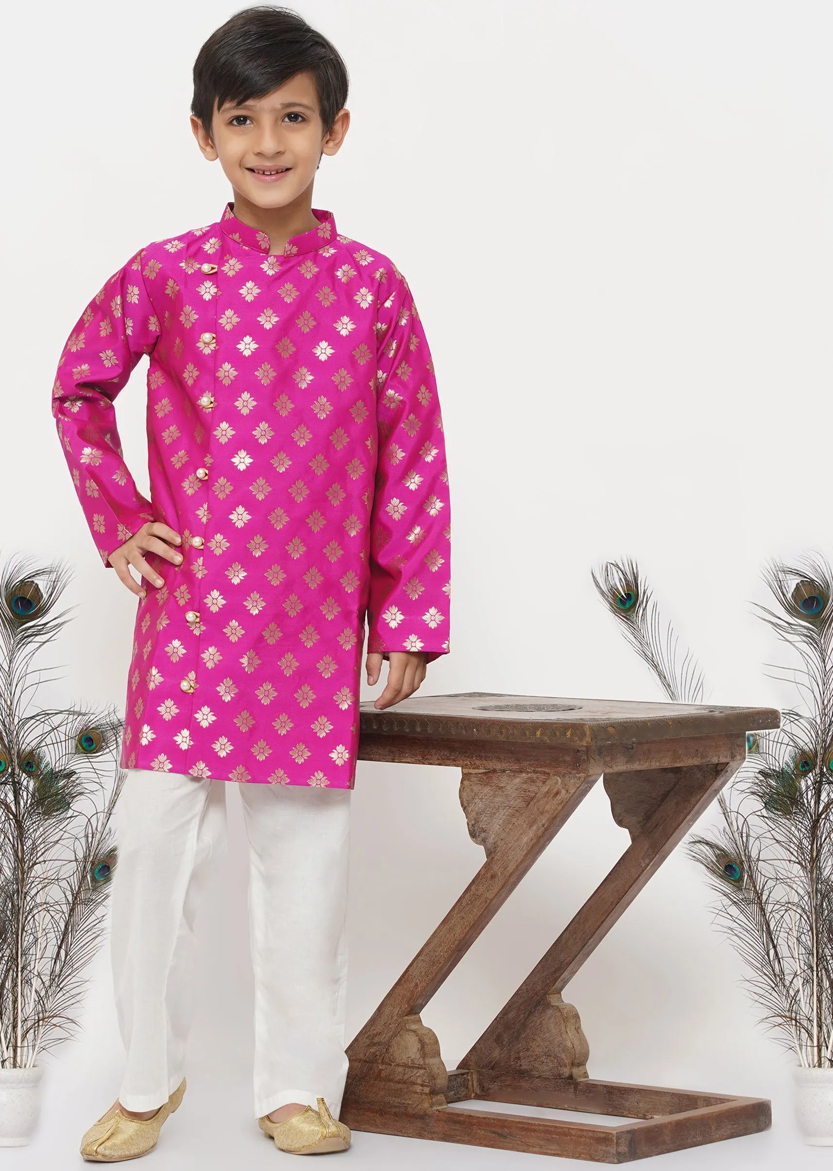 Boy's Banarsi Silk Sherwani With Pyjama - Magenta And Cream - Little Bansi Boys