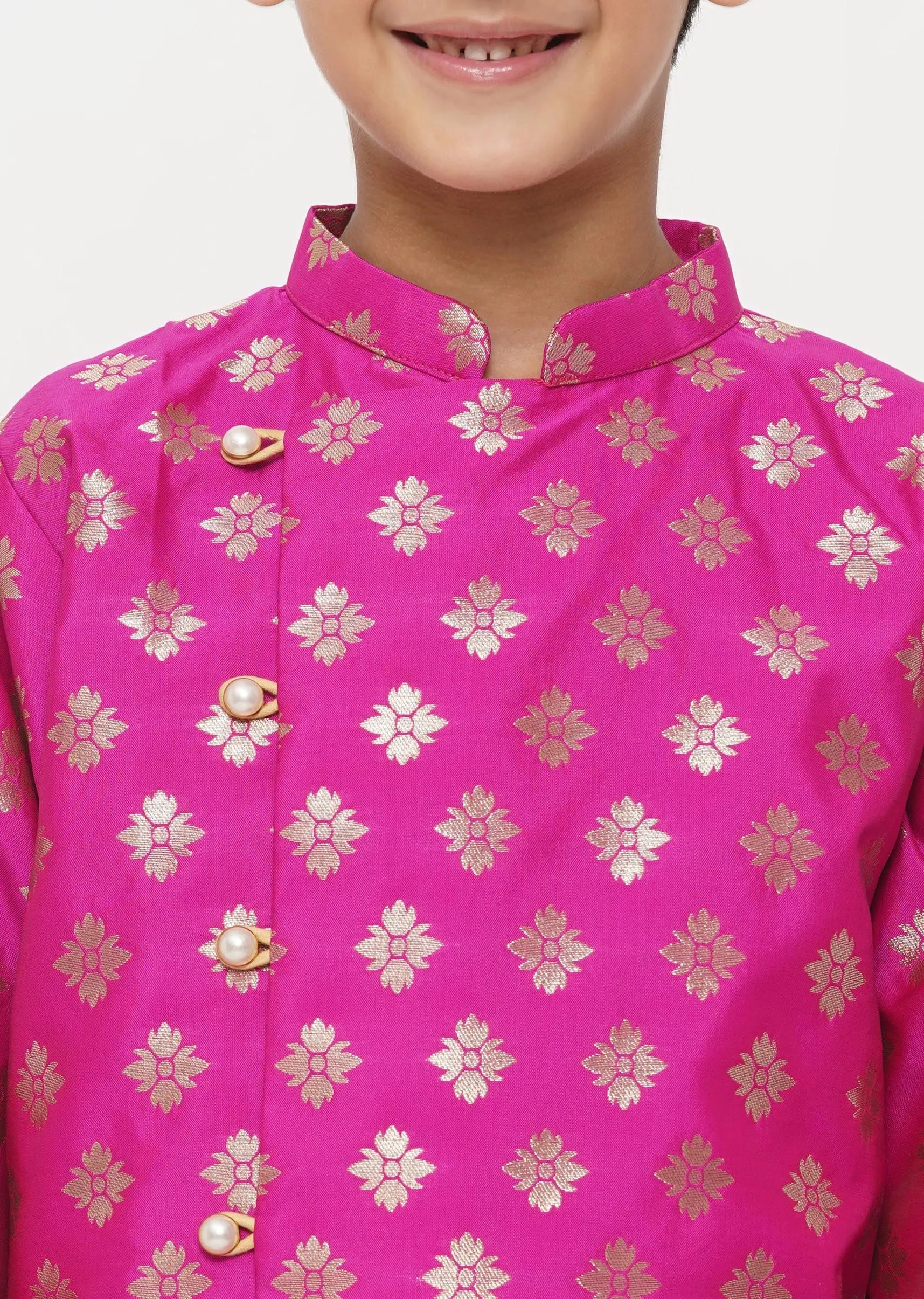 Boy's Banarsi Silk Sherwani With Pyjama - Magenta And Cream - Little Bansi Boys