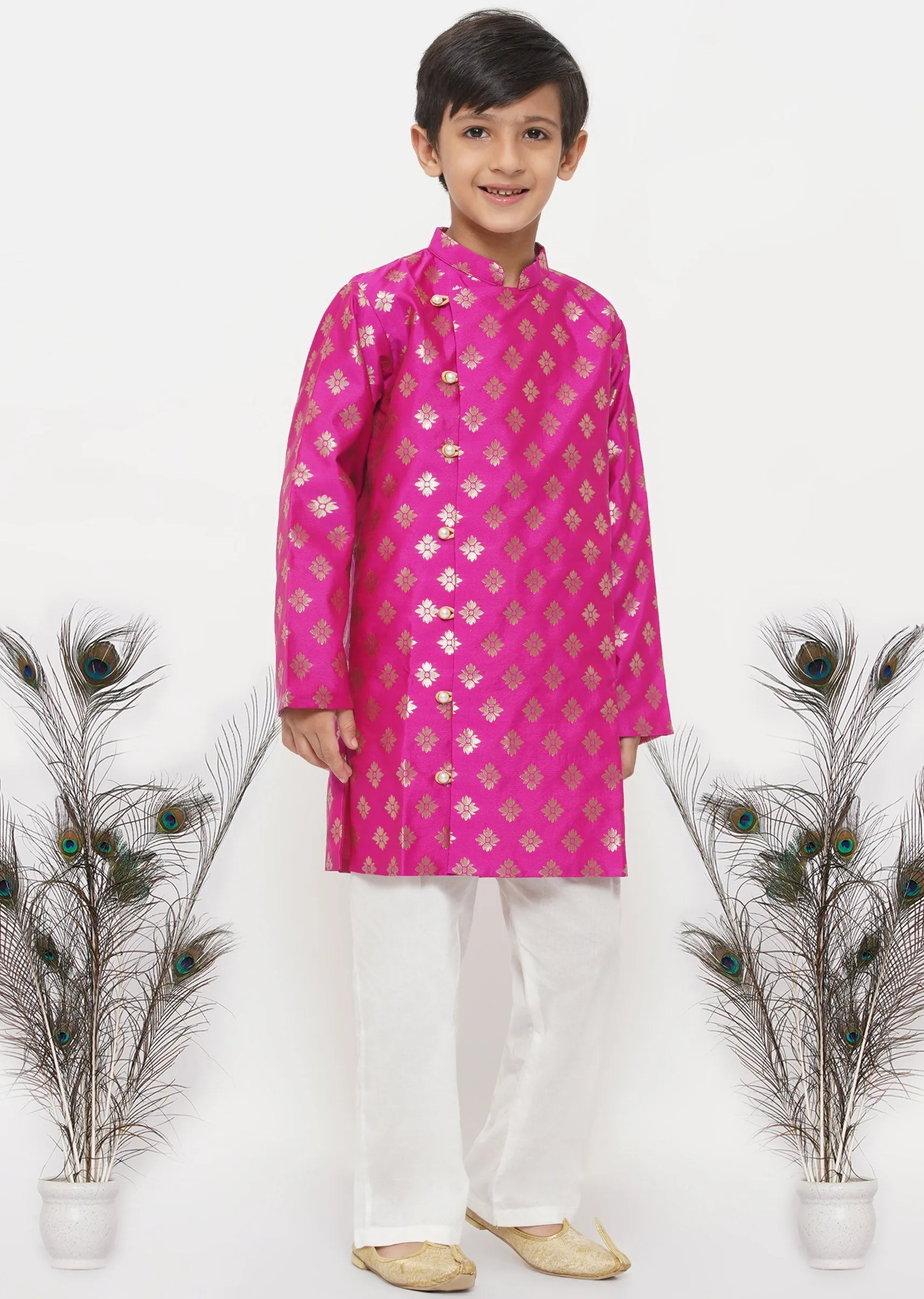 Boy's Banarsi Silk Sherwani With Pyjama - Magenta And Cream - Little Bansi Boys