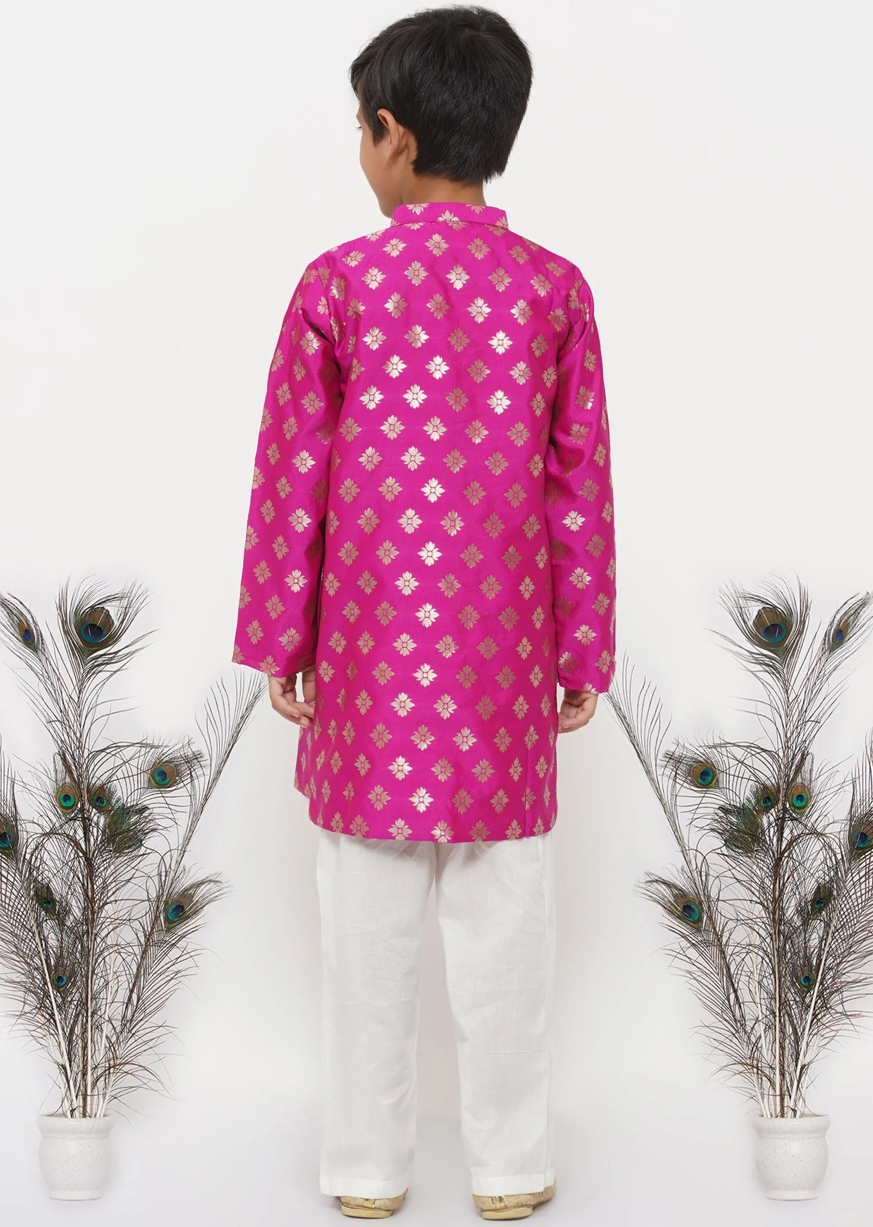 Boy's Banarsi Silk Sherwani With Pyjama - Magenta And Cream - Little Bansi Boys