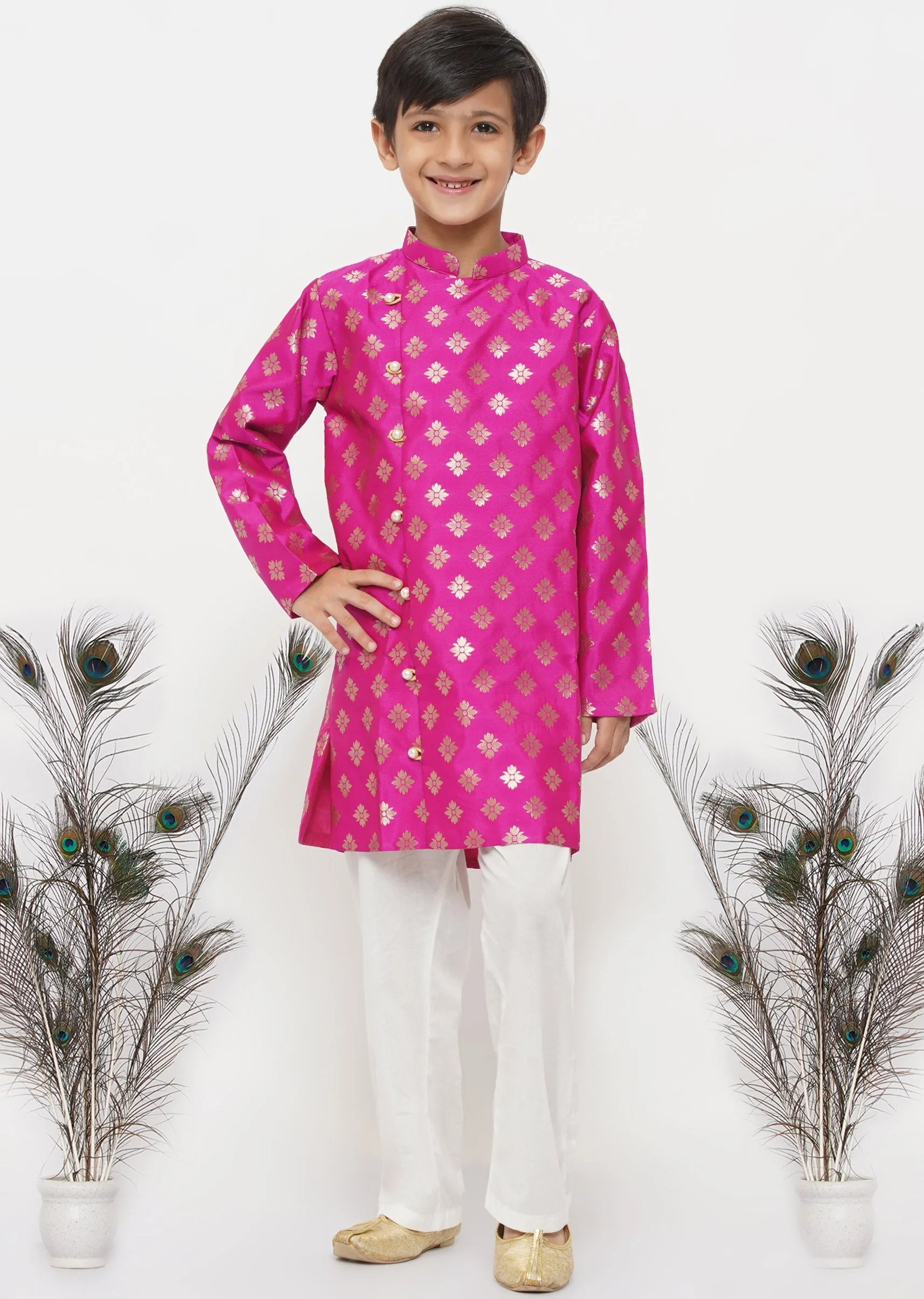 Boy's Banarsi Silk Sherwani With Pyjama - Magenta And Cream - Little Bansi Boys