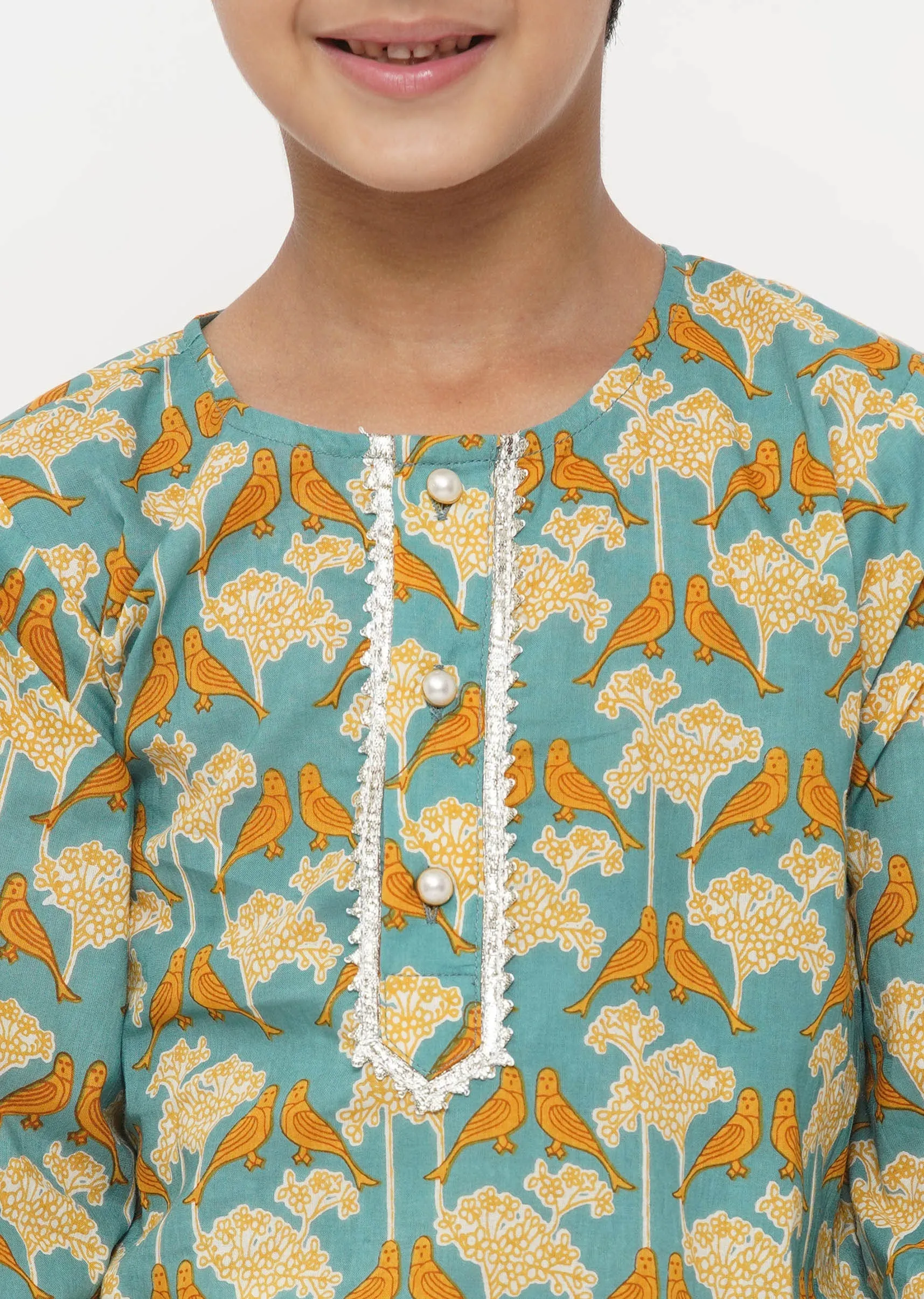 Boy's Cotton Bird Print Kurta With Pearl Buttons And Pyjama -Blue And Cream - Little Bansi Boys