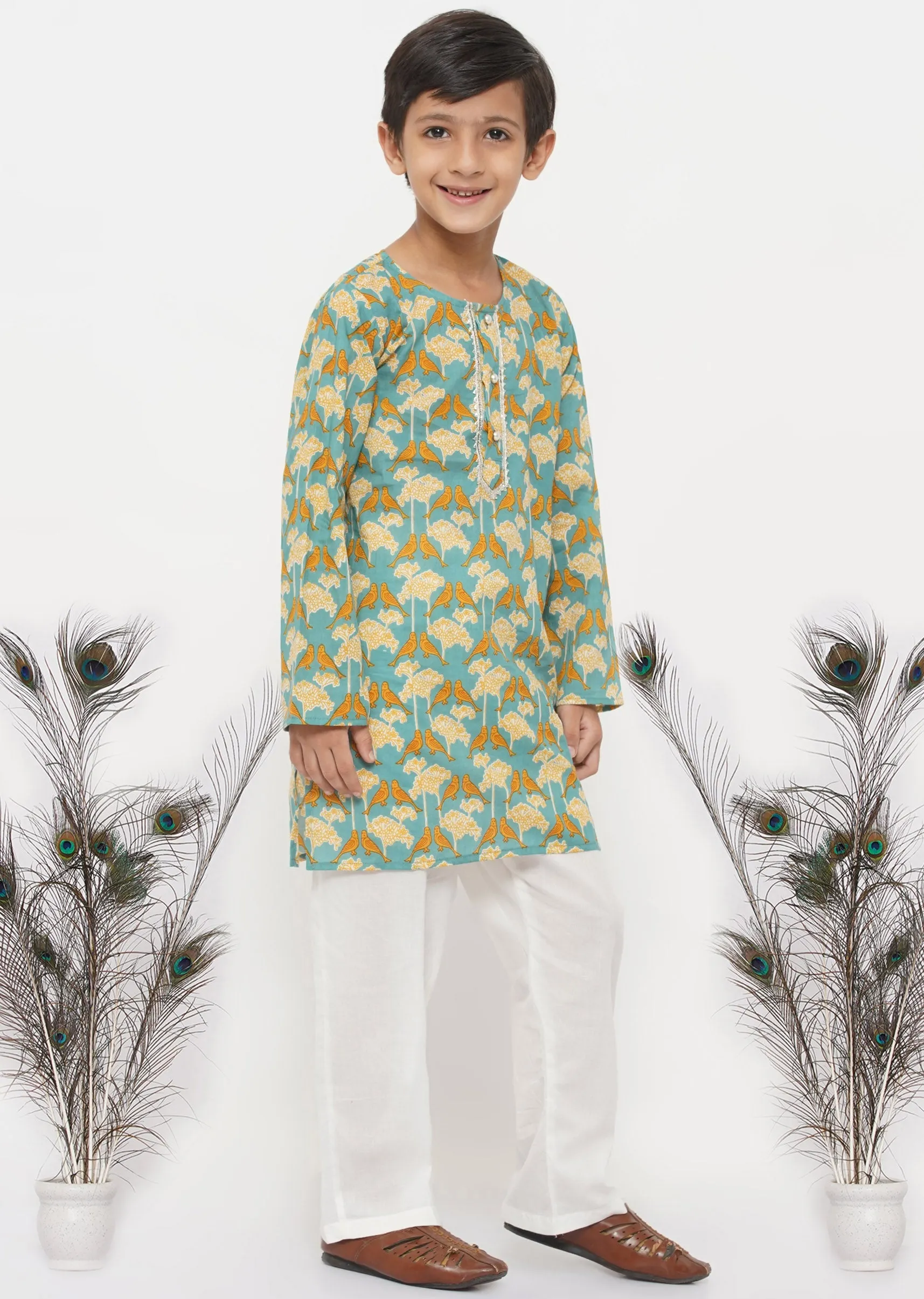 Boy's Cotton Bird Print Kurta With Pearl Buttons And Pyjama -Blue And Cream - Little Bansi Boys