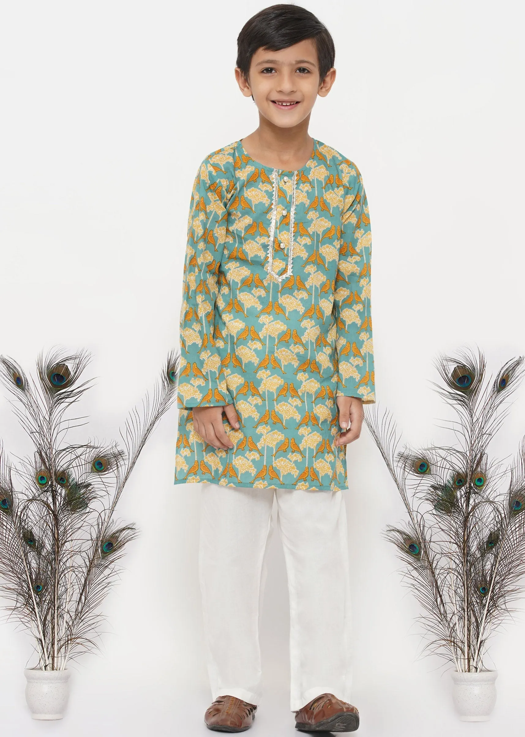 Boy's Cotton Bird Print Kurta With Pearl Buttons And Pyjama -Blue And Cream - Little Bansi Boys