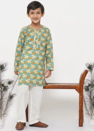 Boy's Cotton Bird Print Kurta With Pearl Buttons And Pyjama -Blue And Cream - Little Bansi Boys