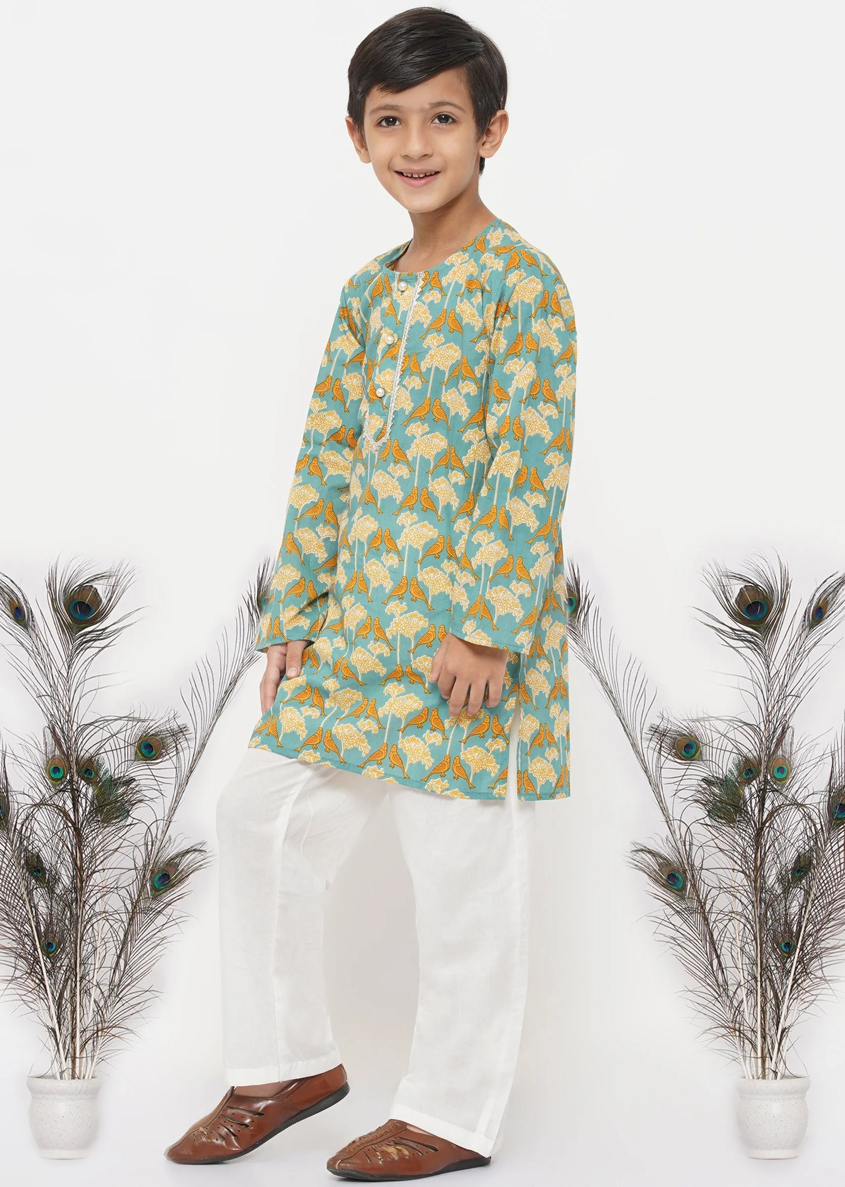 Boy's Cotton Bird Print Kurta With Pearl Buttons And Pyjama -Blue And Cream - Little Bansi Boys