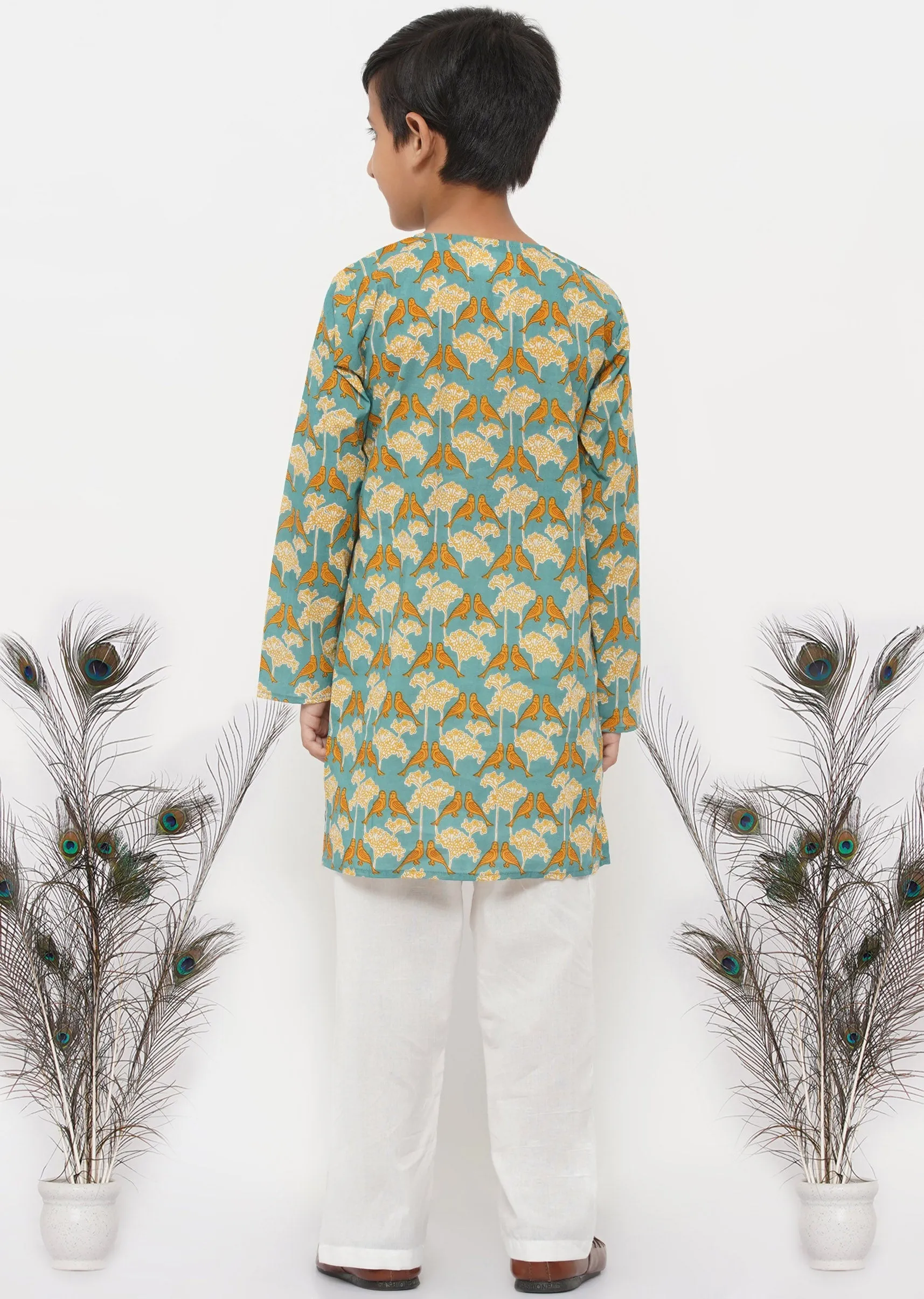 Boy's Cotton Bird Print Kurta With Pearl Buttons And Pyjama -Blue And Cream - Little Bansi Boys