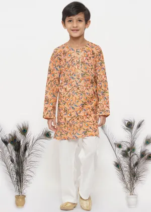 Boy's Cotton Block Print Floral Kurta With Pearl Buttons And Pyjama In Orange And Cream - Little Bansi Boys